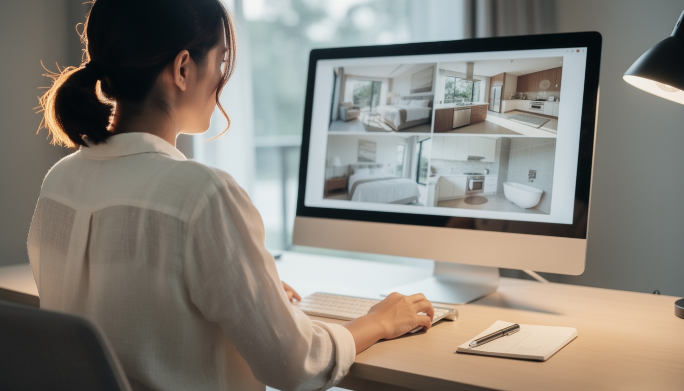 Fotografer mengevaluasi foto properti di layar laptop