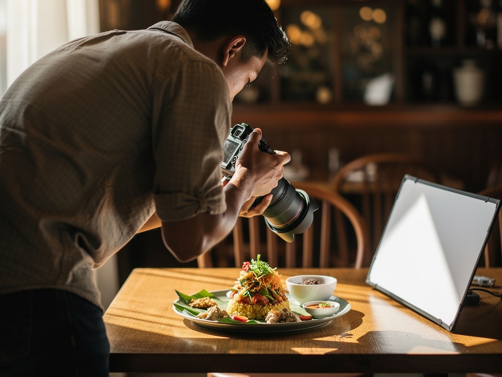 Setup fotografi makanan di restoran wisata dengan pencahayaan alami